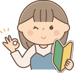 オッケーサインをする初心者マークを持った女性