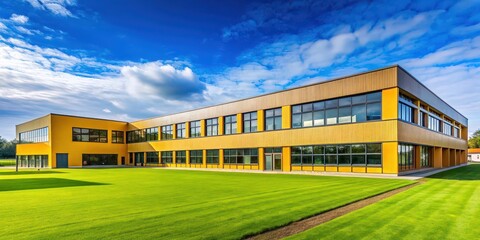 Fototapeta premium Modern yellow school building against a clear blue sky, surrounded by lush green grass , education, school, modern