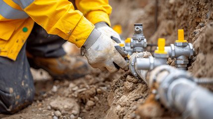 A construction worker in a yellow jacket and gloves repairs an underground gas pipeline at a construction site.