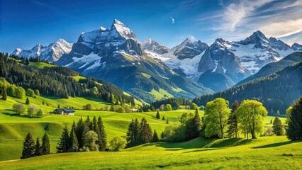 A picturesque alpine landscape with snow-capped mountains, green meadows, and a clear blue sky, scenic, alps