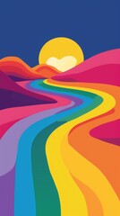 Colorful Rainbow River Under Sunset With Hills, lgbtq+ concept