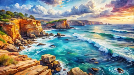 Obraz premium Vibrant watercolor set featuring serene seascapes, rugged rock cliffs, and soothing ocean views with artistic splashes and stains backgrounds.