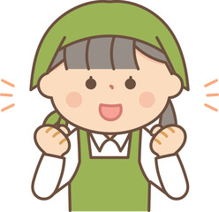 ガッツポーズをするエプロン姿の女性