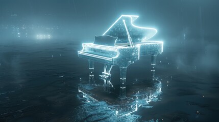 A neon piano glowing in a dark, reflective water surface, creating a magical musical scene.