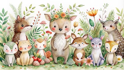 Fototapeta premium Whimsical watercolor illustration featuring forest creatures and flora, perfect for baby-themed stationery and celebratory occasions, exuding warmth and innocence.
