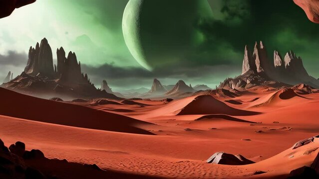 Fantastic martian landscape in rusty orange shades, Mars surface, Desert, Cliffs, sand. Alien landscape. Red planet mars. High quality 4k footage