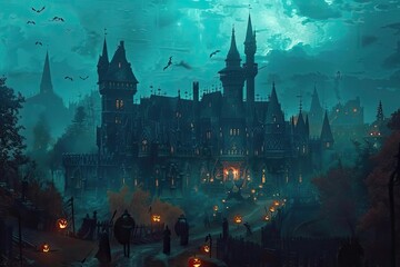 Eerie, gothic castle amidst a spooky night sky, with bats flying overhead and lanterns lighting the misty path. Perfect for Halloween themes.