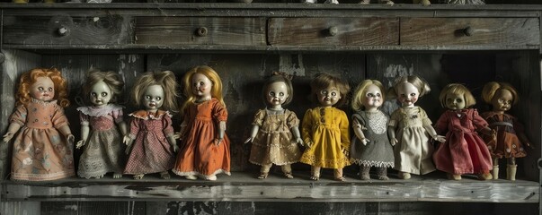A row of vintage, eerie dolls in antique clothing displayed on a rustic wooden shelf. Perfect for Halloween or creepy themes.
