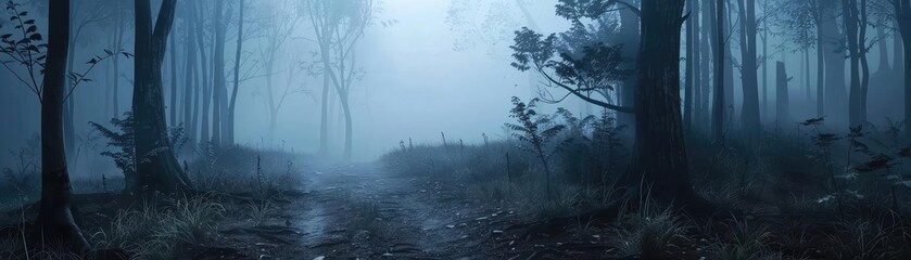Naklejka premium Eerie misty forest with tall trees. A sense of mystery and solitude envelops the landscape, perfect for horror or fantasy themes.