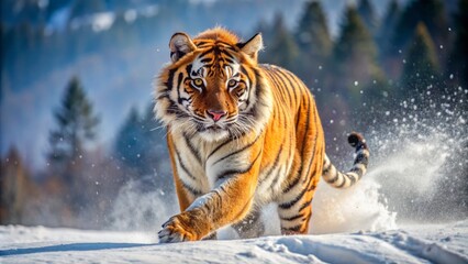 Obraz premium Majestic adult Siberian tiger with vibrant orange and black stripes runs energetically through snow-covered mountainous terrain with focused gaze.