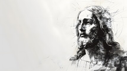 Fototapeta premium Sketch of Jesus Christ on white background with copy space