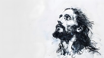 Fototapeta premium Sketch of Jesus Christ on white background with copy space