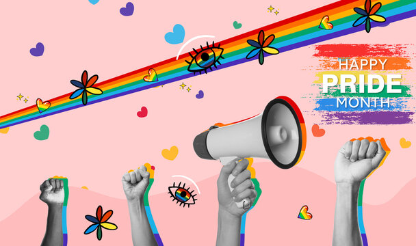 Banner for Pride Month with hands and megaphone - Powered by Adobe