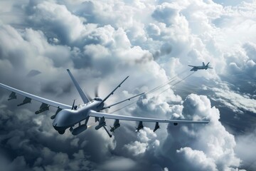 Obraz premium A combat drone launching from a concealed bunker, hidden within a mountainous region