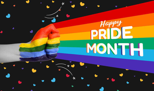 Banner for Pride Month with hand with painted rainbow