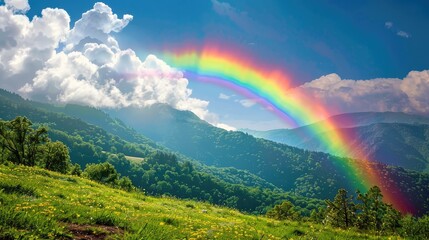 Bright rainbow over springtime countryside