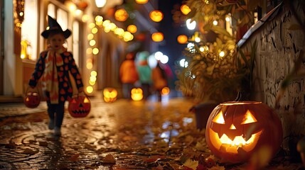Fototapeta premium Child in witch costume trick-or-treating on Halloween night with illuminated Jack-o'-lantern and festive street decoration.