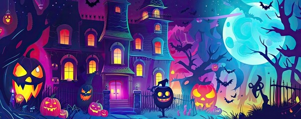 Spooky Halloween night with a haunted house, jack-o'-lanterns, full moon, bats, and eerie lighting. Ideal for Halloween-themed designs.