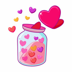 Open jar with a lid with hearts bottle with heart romantic illustration for valentines day (15)