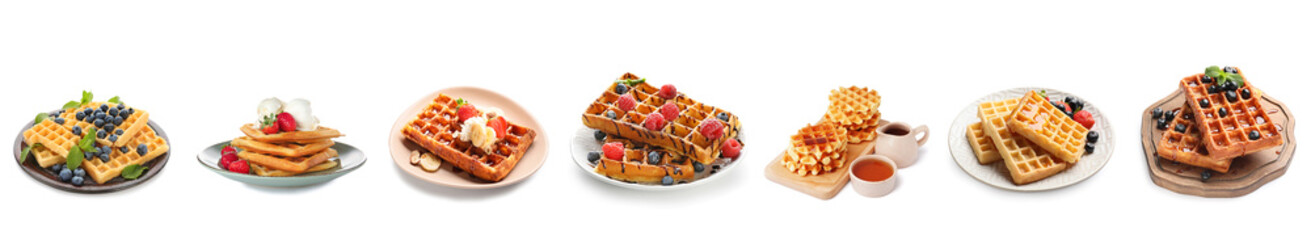 Set of tasty Belgian Waffles with fruits and berries on white background