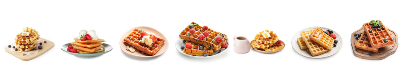 Set of sweet Belgian Waffles with fruits and berries on white background
