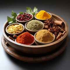 Assorted spices in wooden bowls on a white background, shot with a Canon EOS R5 and a 24-70mm lens, bright and clean colors, hyper detail