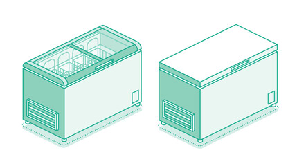 Isometric street freezer. Set of freezers isolated on white background. Outline style.