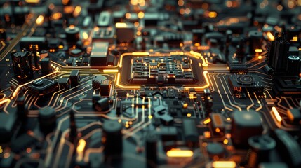 Obraz premium A macro view of a computer chip, its intricate pathways and components resembling a futuristic cityscape, photorealistic