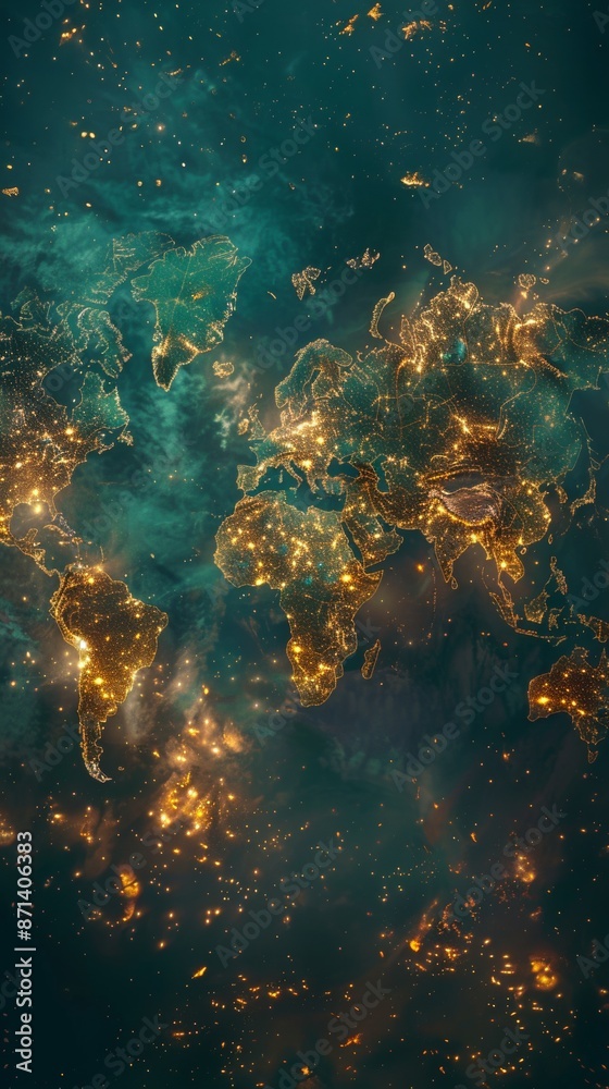 Poster a pixelated world map with chunky continents, glowing nodes representing major data hubs, pulsating 