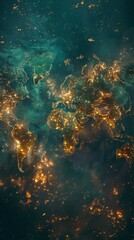 Fototapeta premium A pixelated world map with chunky continents, glowing nodes representing major data hubs, pulsating beams of light as network traffic