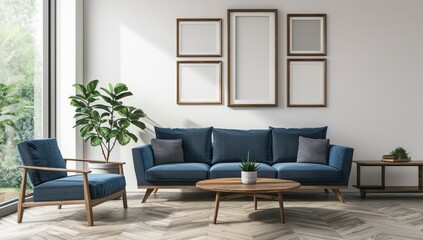 Dark blue sofa and recliner chair in scandinavian apartment. Interior design of modern living room