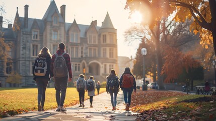 Students walking on a picturesque campus pathway with fall foliage, sunlit in the background, heading towards a historic university building.