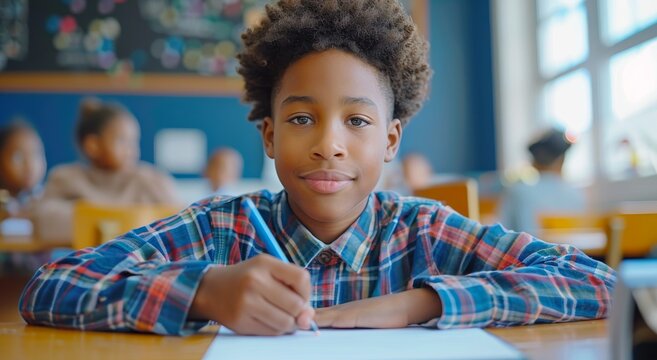 Middle school boy writing in classroom, focused and attentive, young student in a colorful plaid shirt - Powered by Adobe