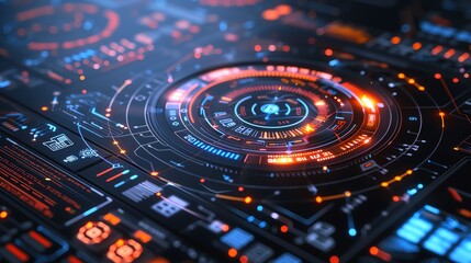 Futuristic digital interface with glowing HUD elements, showcasing a high-tech virtual control panel with intricate details.