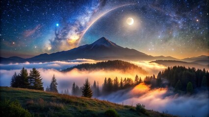 Fototapeta premium Serene night sky with vibrant stars surrounding a brilliant half moon, casting an ethereal glow over peaceful, misty mountain landscape.