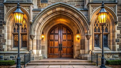 Fototapeta premium Gothic-inspired university building entrance features large arched wooden doors flanked by ornate metal lamps and imposing stone walls.