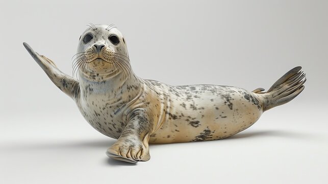 Portrait of a cute grey seal pup waving its flipper while lying on a plain white background, displaying its spotted fur pattern.