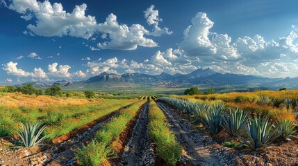 Imagine a blank with a panoramic view of Mexican agave fields, under a clear blue sky dotted with fluffy clouds.