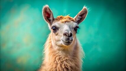 Fototapeta premium Adorable South American camelid with soft, fuzzy coat and inquisitive gaze, posing on verdant ground against vibrant turquoise backdrop.