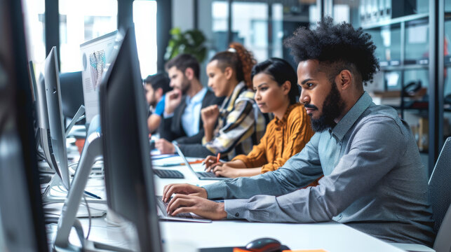 A team of focused professionals works diligently at their computers in a modern office with natural light pouring in.