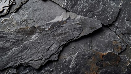 Black white stone texture. Rock surface. Close-up. Like a old rough concrete wall. Dark gray grunge background with space for design. Template. Backdrop. Wide banner.