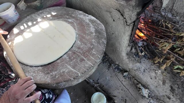 preparing bread in a traditional Dagestan village bakery. Bread is a flatbread baked in a Koryuk oven, common in the cuisine of the North Caucasus.