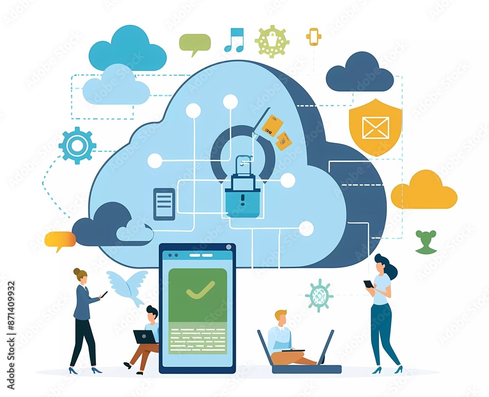 Fototapete Flat design vector illustration of people working on clouds with security lock and data transfer icons, in the style of a software developer concept for a web banner, website graphic or presentation