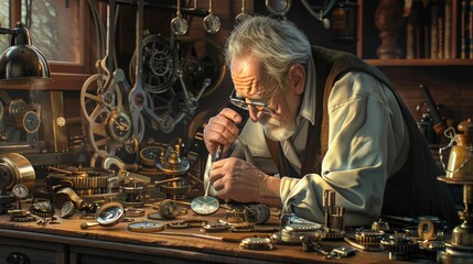 The picture of the adult professional watchmaker working inside workshop that has been filled with various kind of clock and watch, watchmaker need to use concentration and accuracy fix clock. AIG43.