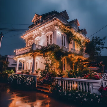 White huse with flowers 