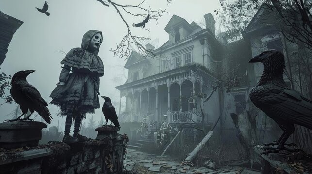 Eerie foggy scene with crows, creepy doll, and abandoned haunted house in the background, perfect for horror and mystery themes.