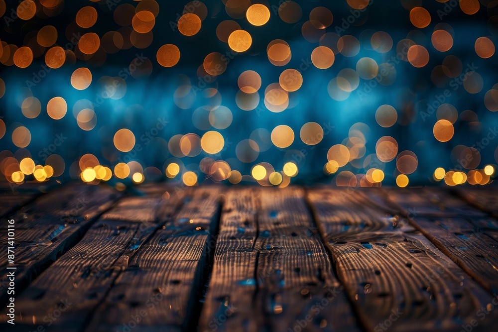 Poster empty brown wooden floor or wood board table with blurred abstract night light bokeh background, copy space for display of product or object presentation