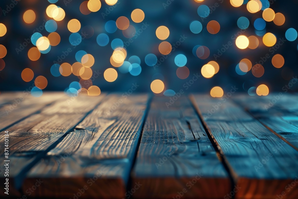 Poster empty brown wooden floor or wood board table with blurred abstract night light bokeh background, copy space for display of product or object presentation