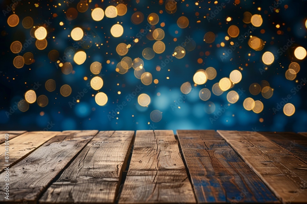 Poster empty brown wooden floor or wood board table with blurred abstract night light bokeh background, copy space for display of product or object presentation