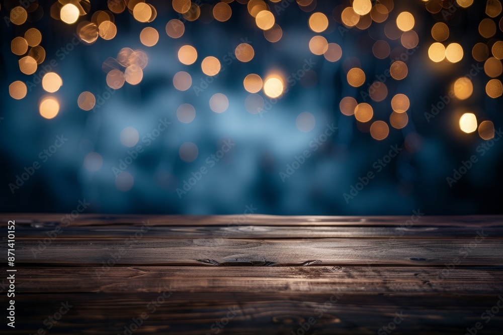 Poster empty brown wooden floor or wood board table with blurred abstract night light bokeh background, copy space for display of product or object presentation